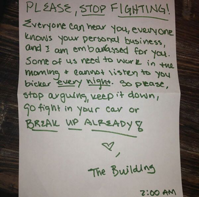 A note begs neighbors to stop fighting or break up.