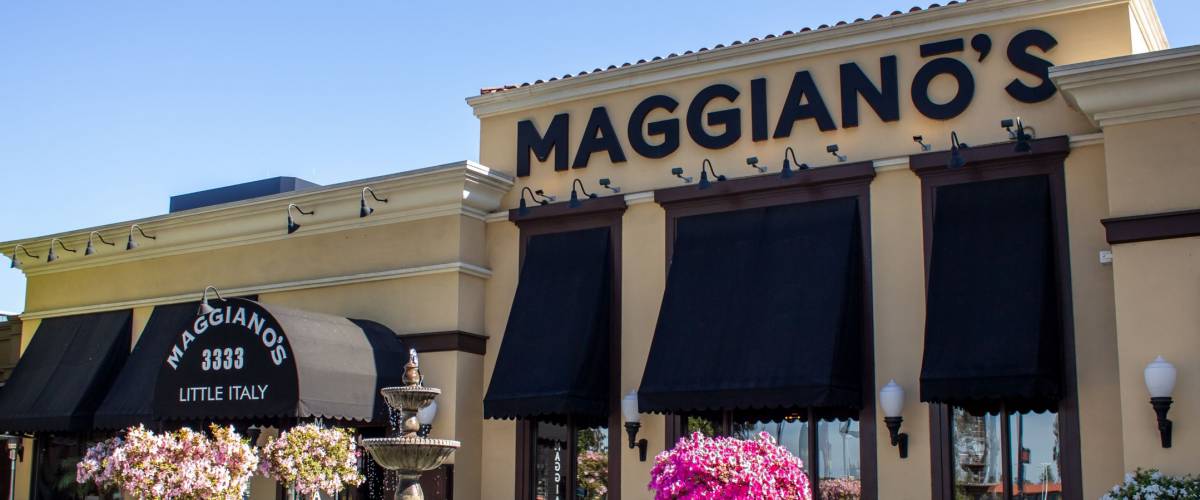 Costa Mesa, California/United States - 04/18/2019: A store front sign for the Italian restaurant known as Maggiano's Little Italy