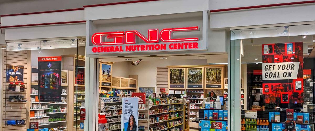 GNC vitamins nutrition center storefront shopping mall, Danvers Massachusetts USA, February 22, 2020